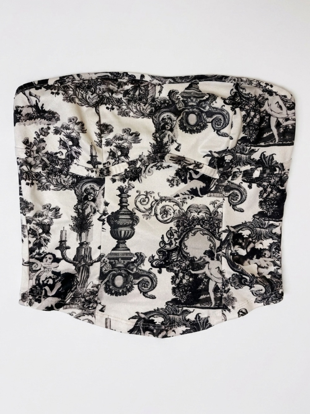 Black White Baroque Toile Print Strapless Tube Top Corset Style Coquette Y2K